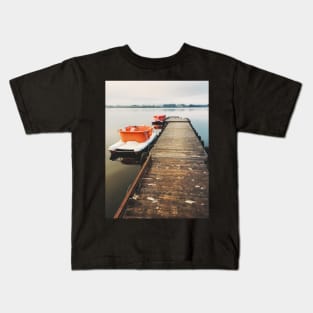 Two Paddleboats Tied to Wooden Pier in Early Morning Light Kids T-Shirt